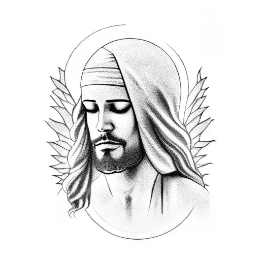A black-grey tattoo of Jesus playing a musical instrument in a serene forest setting tattoo design idea