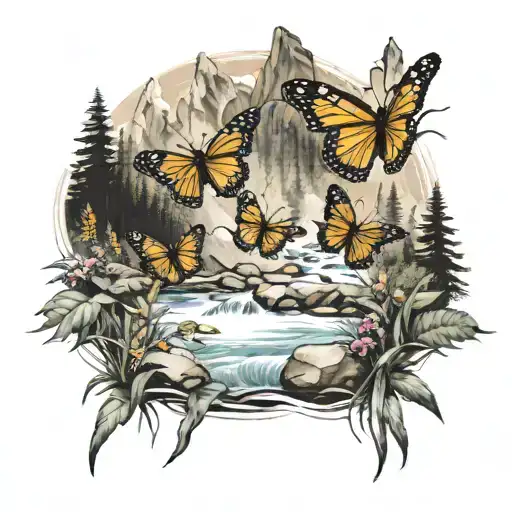 monarch butterflies in the mountains with stream flowing tattoo design idea