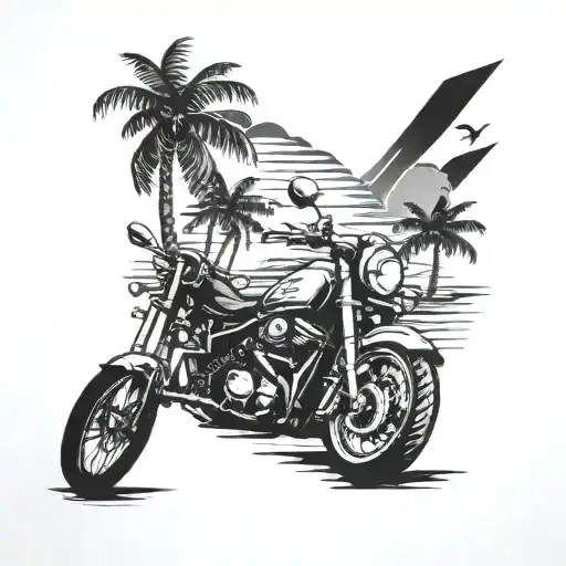 motorcyle, beach scene with palm trees tattoo design idea