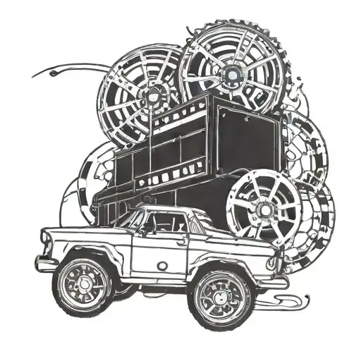 A vintage car driving through a movie reel, with gaming controllers floating around tattoo design idea