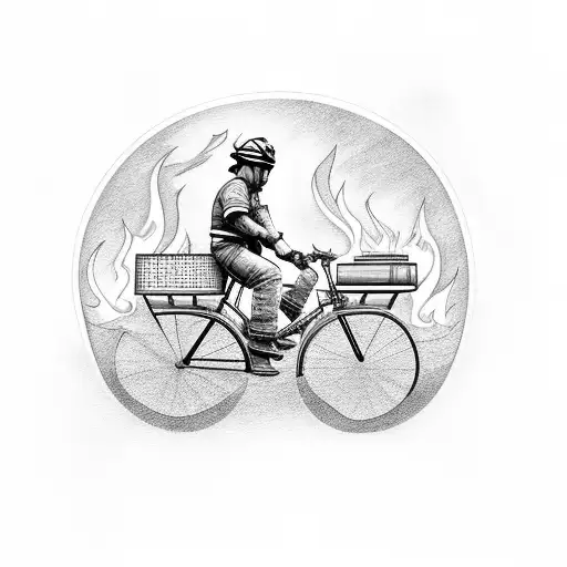 A fireman riding a bicycle with flames trailing behind tattoo design idea