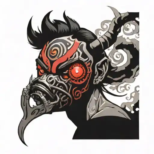oni mask sharingan eye mouth steam rising tattoo design idea