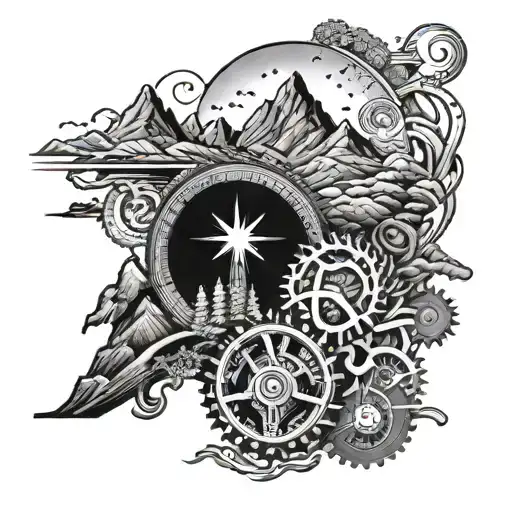 A detailed mountain landscape with a winding hiking trail leading towards the sun, incorporating intricate gear wheels throughout the design tattoo design idea