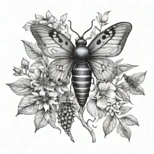 botanical, insects hidden, black and white  tattoo design idea