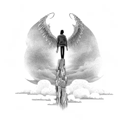 man on knees on cliff with Phoenix wings on his back staring into distance where there are dark thundering clouds tattoo design idea