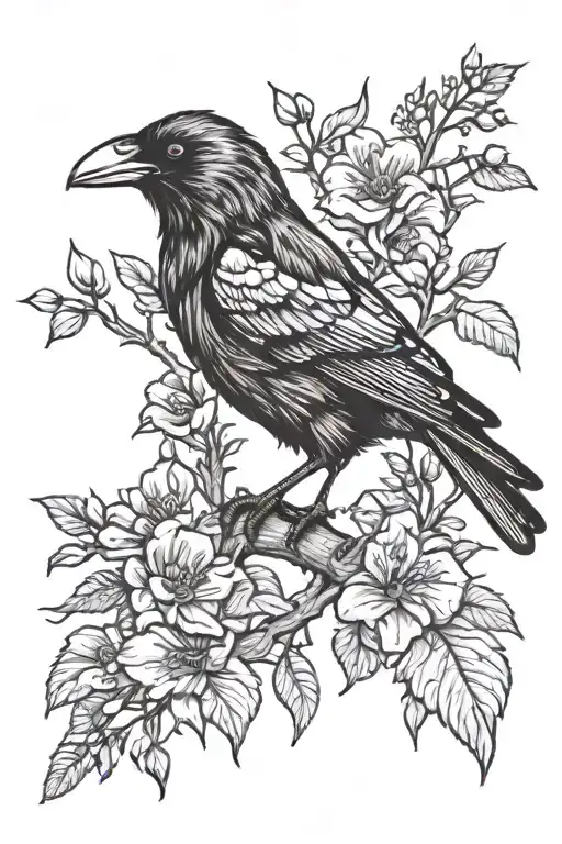A crow perched on a twisted acorn branch surrounded by belladonna flowers tattoo design idea