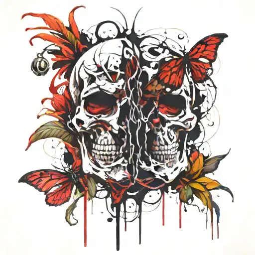 skulls and spider lily intertwined tattoo design idea