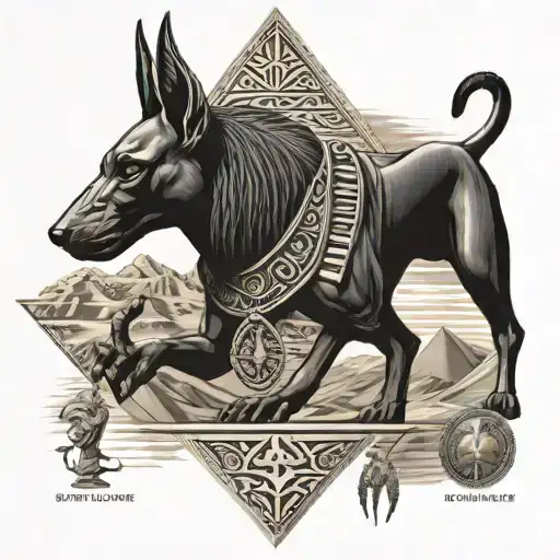 Anubis full body, piramid, muscles, feathers, hieroglyphs, sun in horizon tattoo design idea