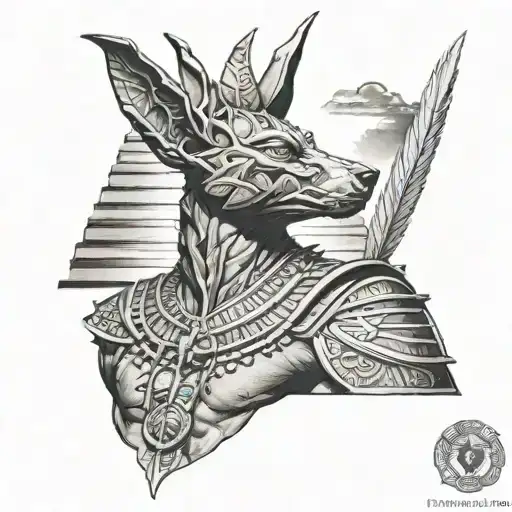 Anubis, piramid, muscles, feathers, hieroglyphs, sun in horizon tattoo design idea
