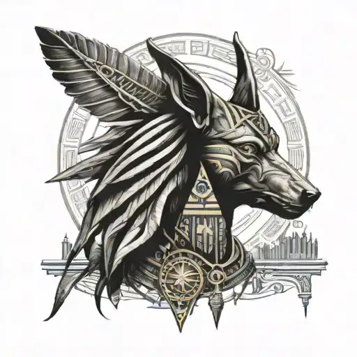 Anubis full human body, piramid, muscles, feathers, hieroglyphs, sun in horizon tattoo design idea
