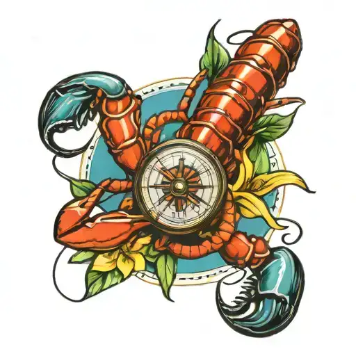 lobster with compass and daffodil  tattoo design idea
