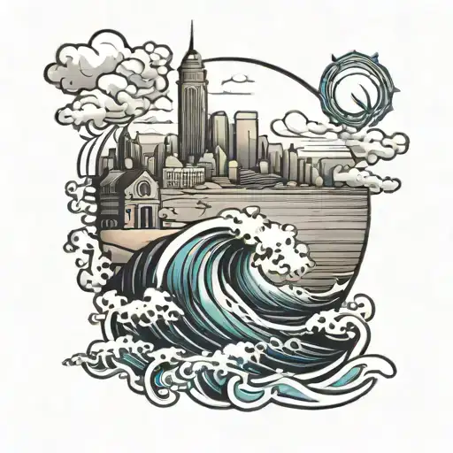 beach, waves and city skyline tattoo design idea