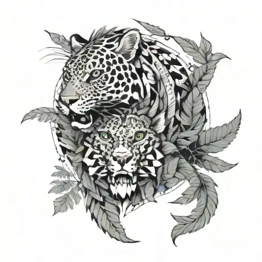 dragon and jaguar with ferns and birds tattoo design idea