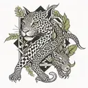 dragon and jaguar with ferns and birds tattoo design idea