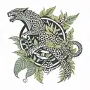 dragon and jaguar with ferns and birds tattoo design idea