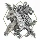 dragon and jaguar with ferns and birds tattoo design idea