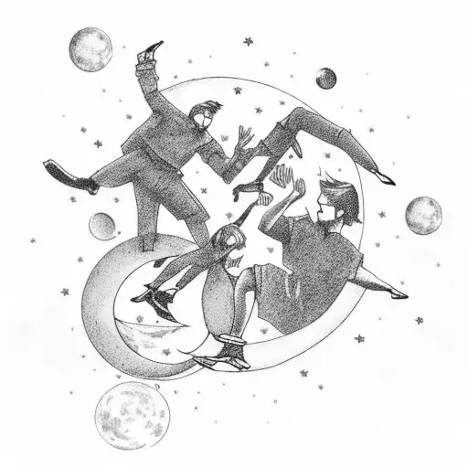 A group of friends sitting on a crescent moon, watching movies projected onto the sky tattoo design idea