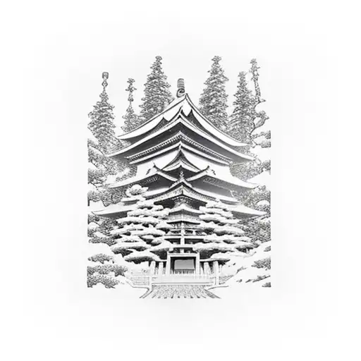 Japanese gate surrounded by Giant sequoia tattoo design idea