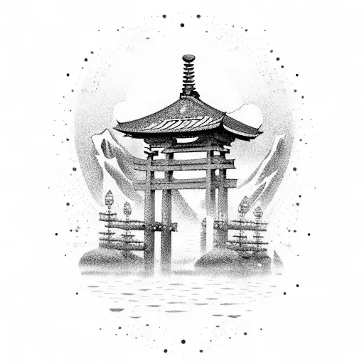 Japanese torii surrounded by florest  tattoo design idea
