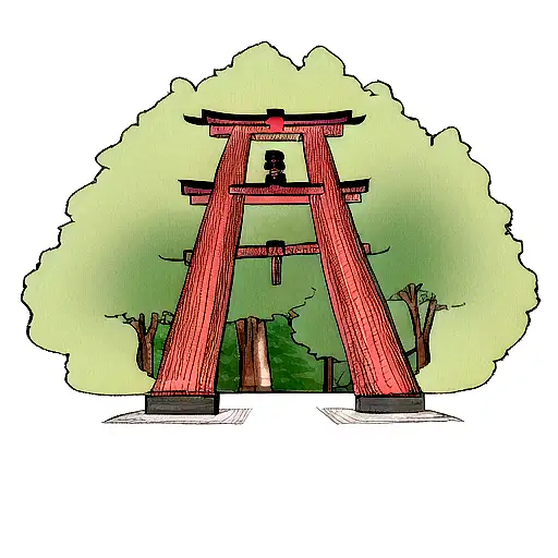 Japanese torii surrounded by Giant sequoia tattoo design idea