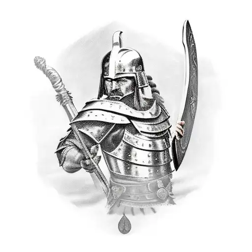 spartan warrior defending with shield and spear tattoo design idea