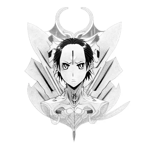 Incorporate elements of anime and Shingeki no Kiojin in a surreal blackwork composition tattoo design idea