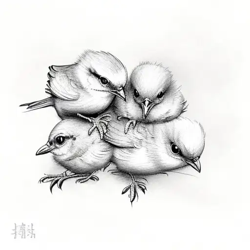 A heartwarming scene of a parent bird teaching its three chicks how to fly tattoo design idea