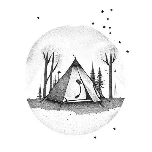 a scene outdoors with a tent and fire surrouded by tall trees under the moon and stars tattoo design idea