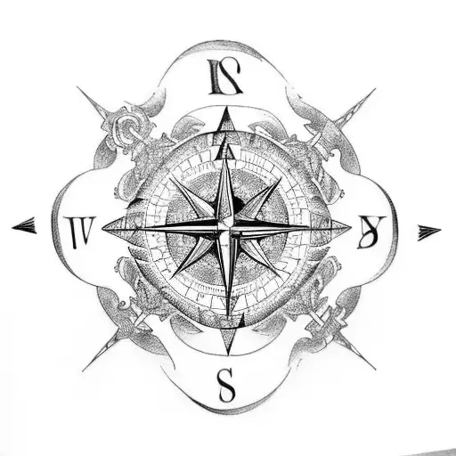 A detailed blackwork tattoo showcasing a compass, an hourglass, and hands in a symmetrical composition tattoo design idea