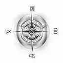 A surrealistic design combining a compass, a clock, and a pair of hands intertwined in an intricate pattern tattoo design idea