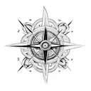 A surrealistic design combining a compass, a clock, and a pair of hands intertwined in an intricate pattern tattoo design idea