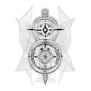 A detailed blackwork tattoo showcasing a compass, an hourglass, and hands in a symmetrical composition tattoo design idea