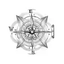 A detailed blackwork tattoo showcasing a compass, an hourglass, and hands in a symmetrical composition tattoo design idea