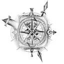 A detailed blackwork tattoo showcasing a compass, an hourglass, and hands in a symmetrical composition tattoo design idea