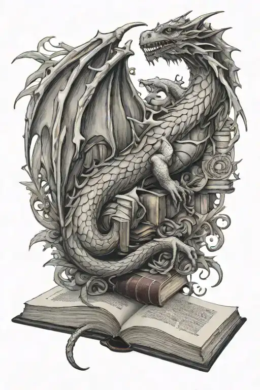 books and dragons intertwined tattoo design idea