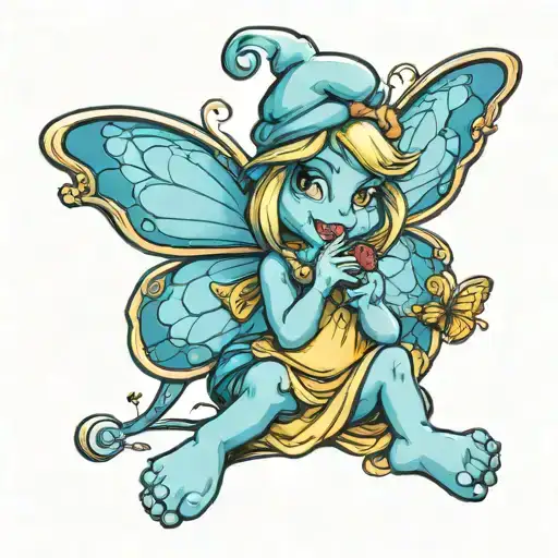 smurfette blowing a butterfly a kiss tattoo design idea
