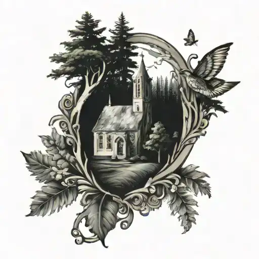 forest, woman, cards, church nestled tattoo design idea