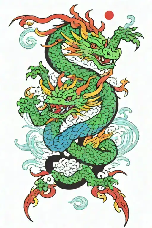 tattoo, a tattoo of a green and black japanese style dragon, with 3 lotuses, 1 black lotus, 1 blue lotus, 1 red lotus,  tattoo design idea