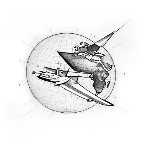 A silhouette of a globe with a plane flying around it, with the letters 'L' and 'A' forming the plane's trail tattoo design idea