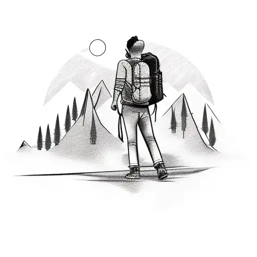 A sketch-style tattoo of a backpacker exploring various landmarks around the world, with the letters 'L' and 'A' as part of the backpack strap tattoo design idea