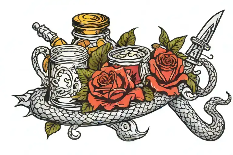snake, rose, dagger, toast, jelly jar, eggplant tattoo design idea