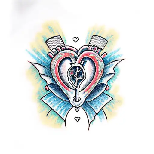 anatomical heart with 3 ribbons spread across it at equal lengths, say script on the ribbons tattoo design idea