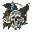 skull with roses stained glass window tattoo design idea
