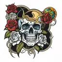 skull with roses stained glass window tattoo design idea