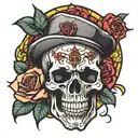 skull with roses stained glass window tattoo design idea