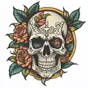 skull with roses stained glass window tattoo design idea