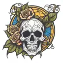 skull with roses stained glass window tattoo design idea