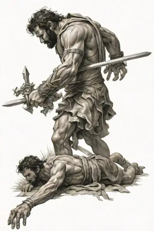 David and goliath with a cross in the back ground  tattoo design idea