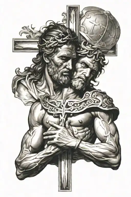 David holding goliaths head with a cross in the background  tattoo design idea