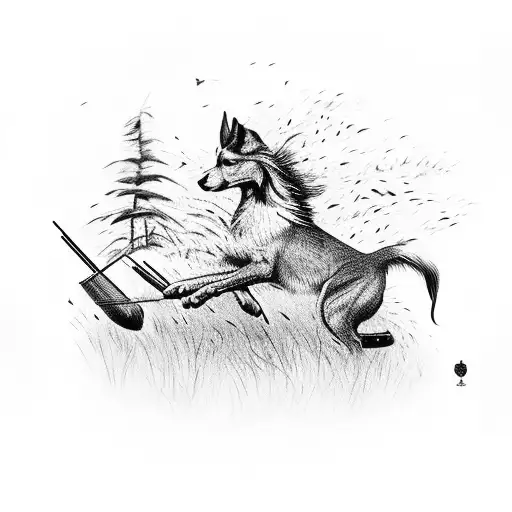 hunting shooting over a pointing dog with tall grass and pheasants flying  tattoo design idea